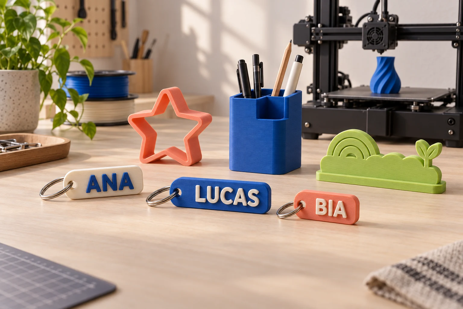 Personalized name keychains, a cookie cutter and an organizer on a workbench, with a 3D printer in the background.